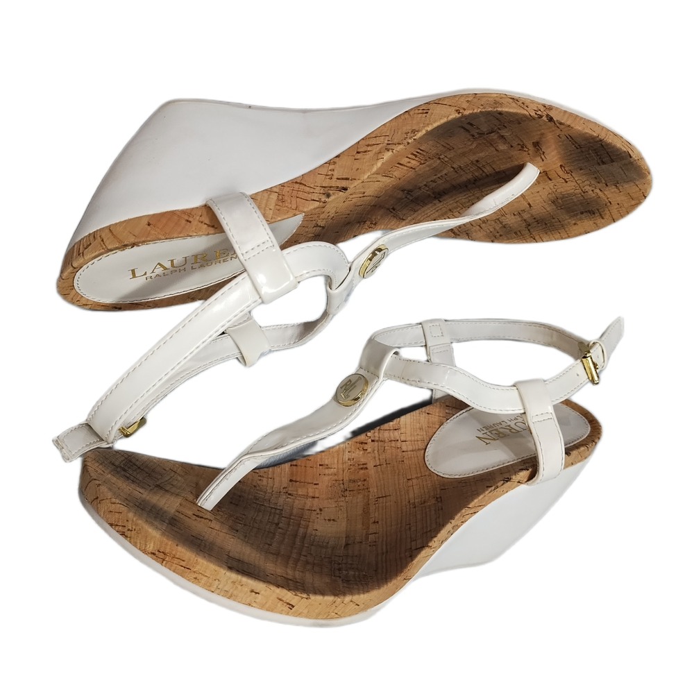 Lauren Ralph Lauren Reeta Wedge Thong Sandals Womens US 8.5B White Buckle Strap